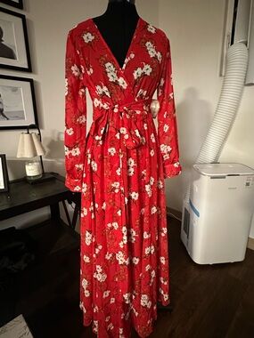 Red Floral Wrap Maxi Dress